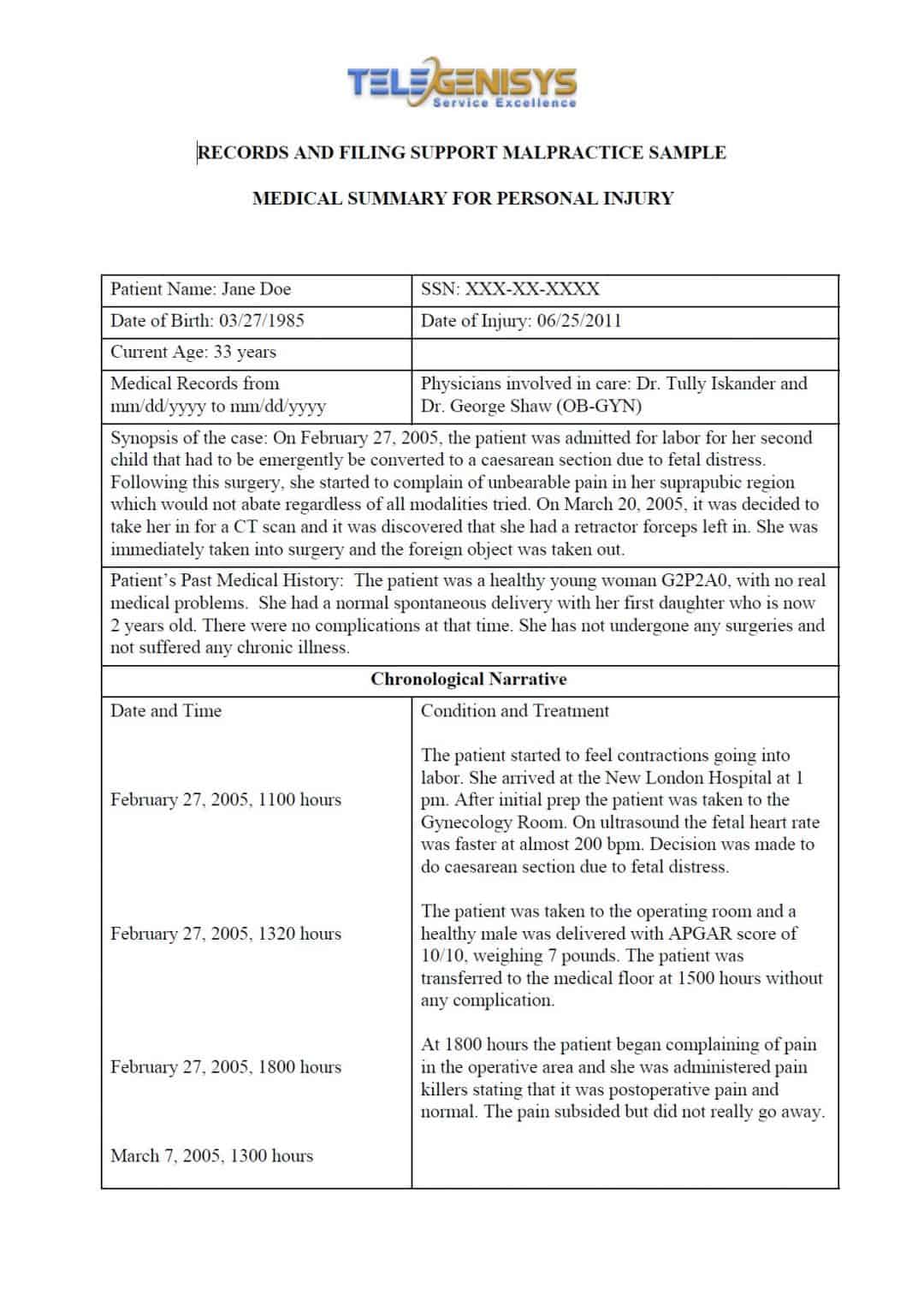 Medical Summary Examples Telegenisys Inc USA